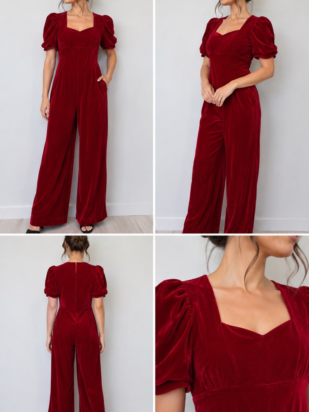 Vintage Red Velvet Wide Leg Jumpsuit Puff Sleeve Holiday Party S